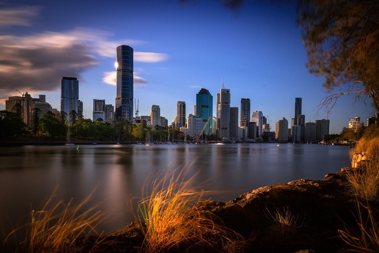 Panoramic view of Brisbane City Skyline at sunset.