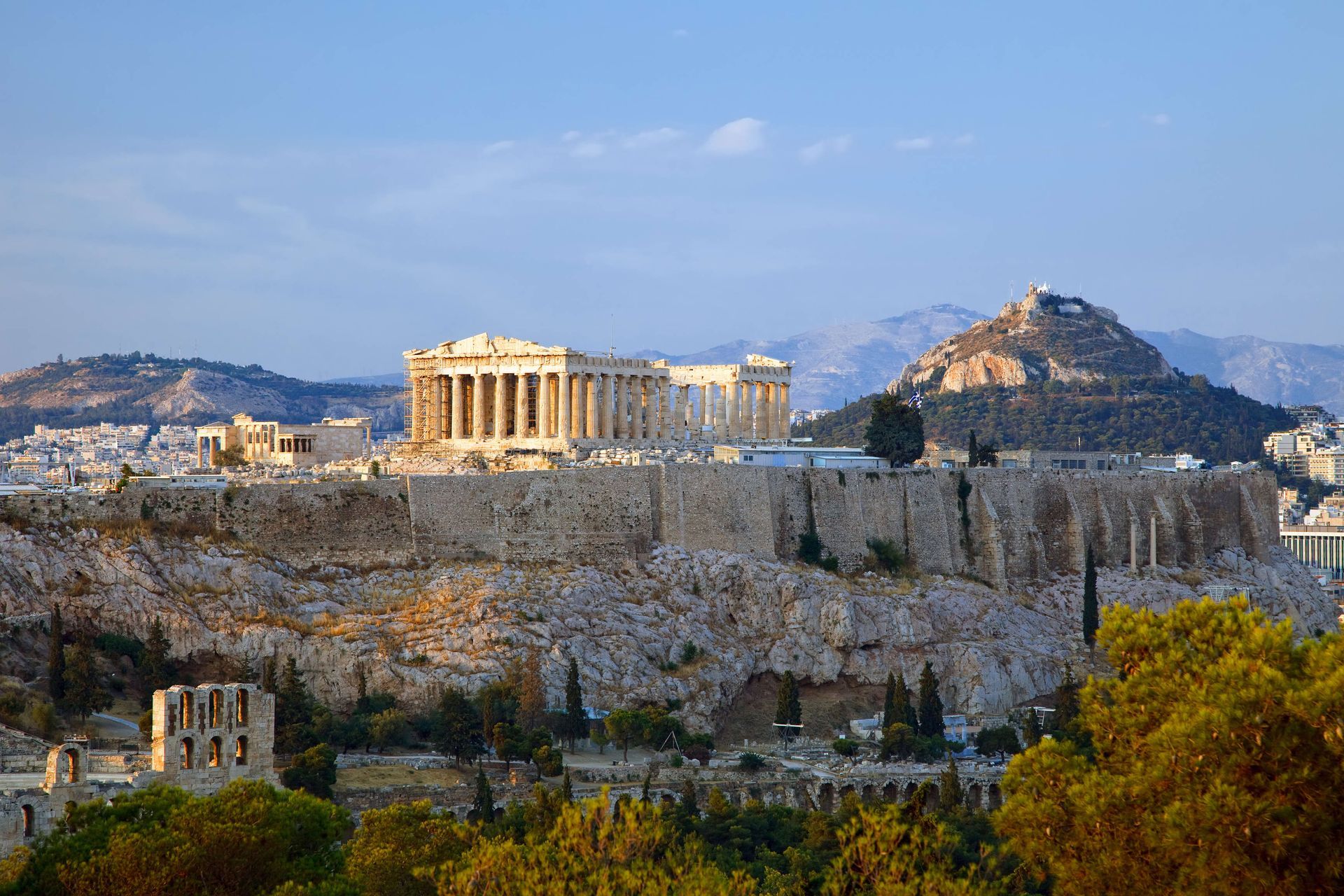 Panoramic view of the Acropolis of Athens, a historical landmark in Greece.