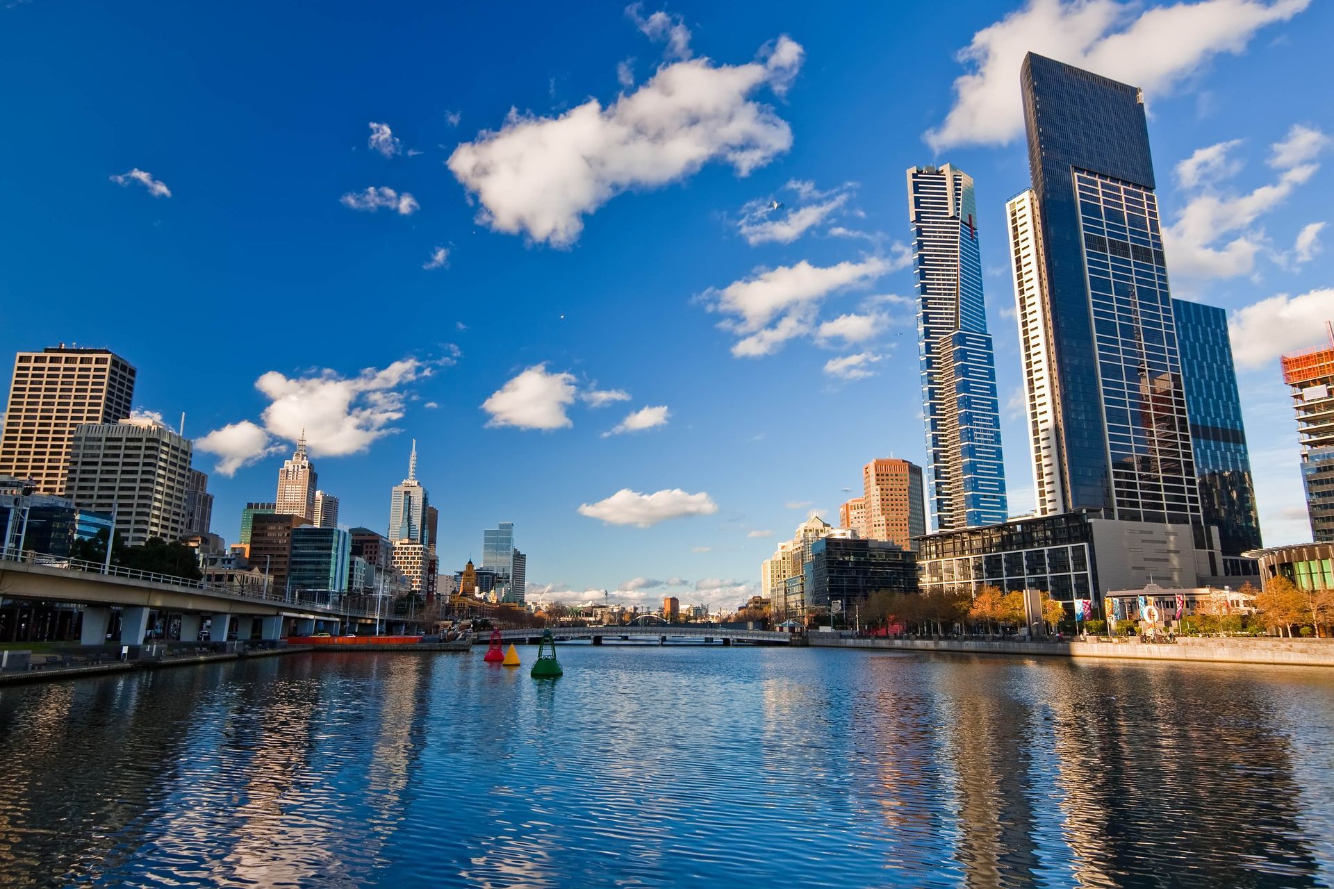View of some skyscrapers in Melbourne, Australia from the water.