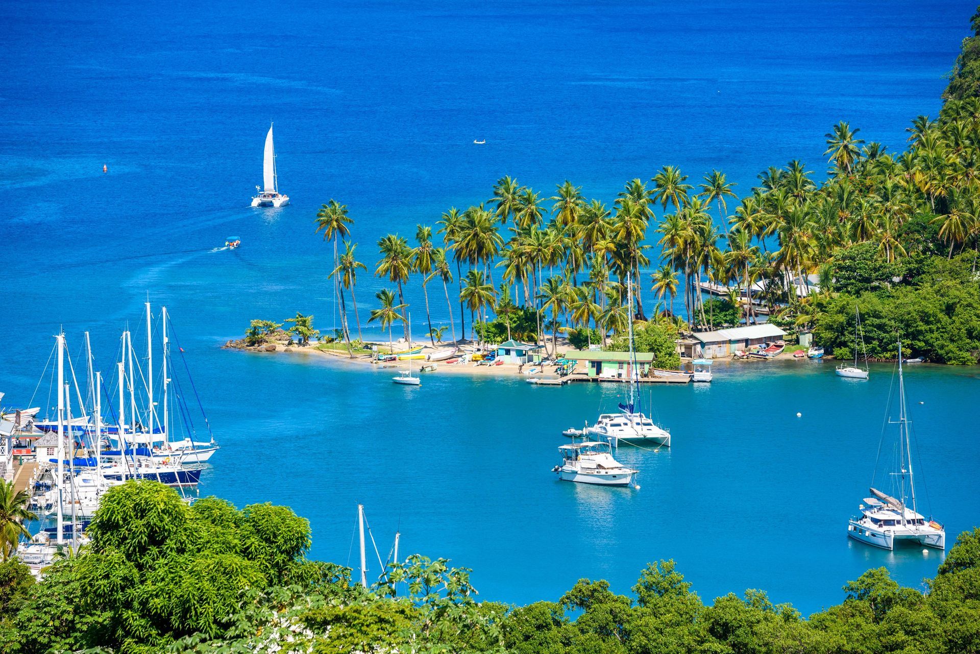 Aerial view of Marigot Bay in St Lucia.