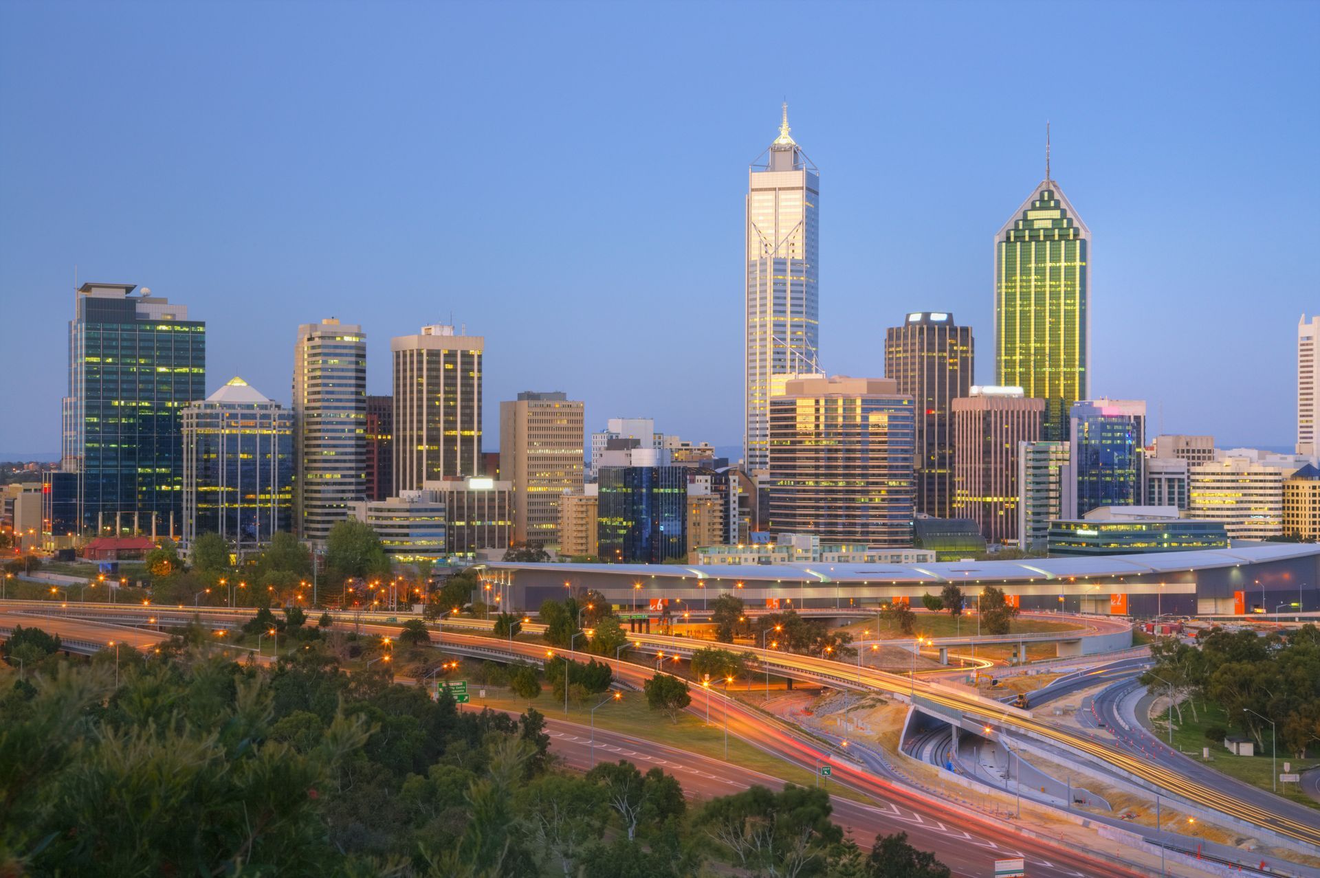 Dusk view of Perth Skyline in Australia.