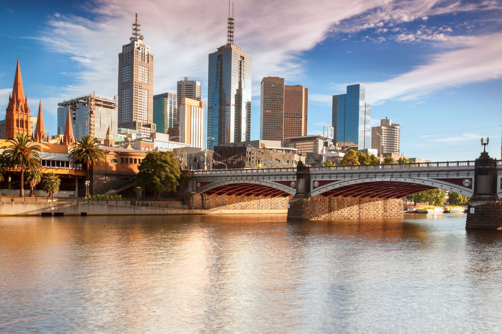 View of Princes Bridge in Melbourne, Australia from the water.