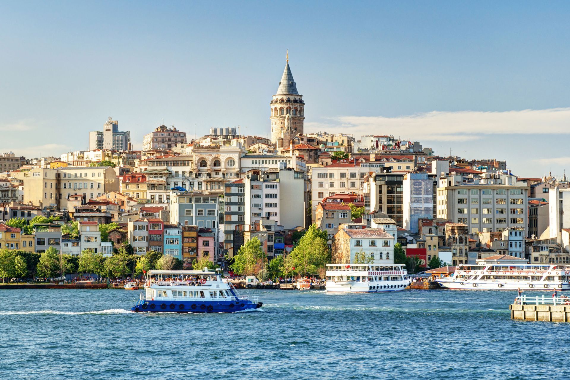 View of Galata Tower in Istanbul, Turkey from the water.