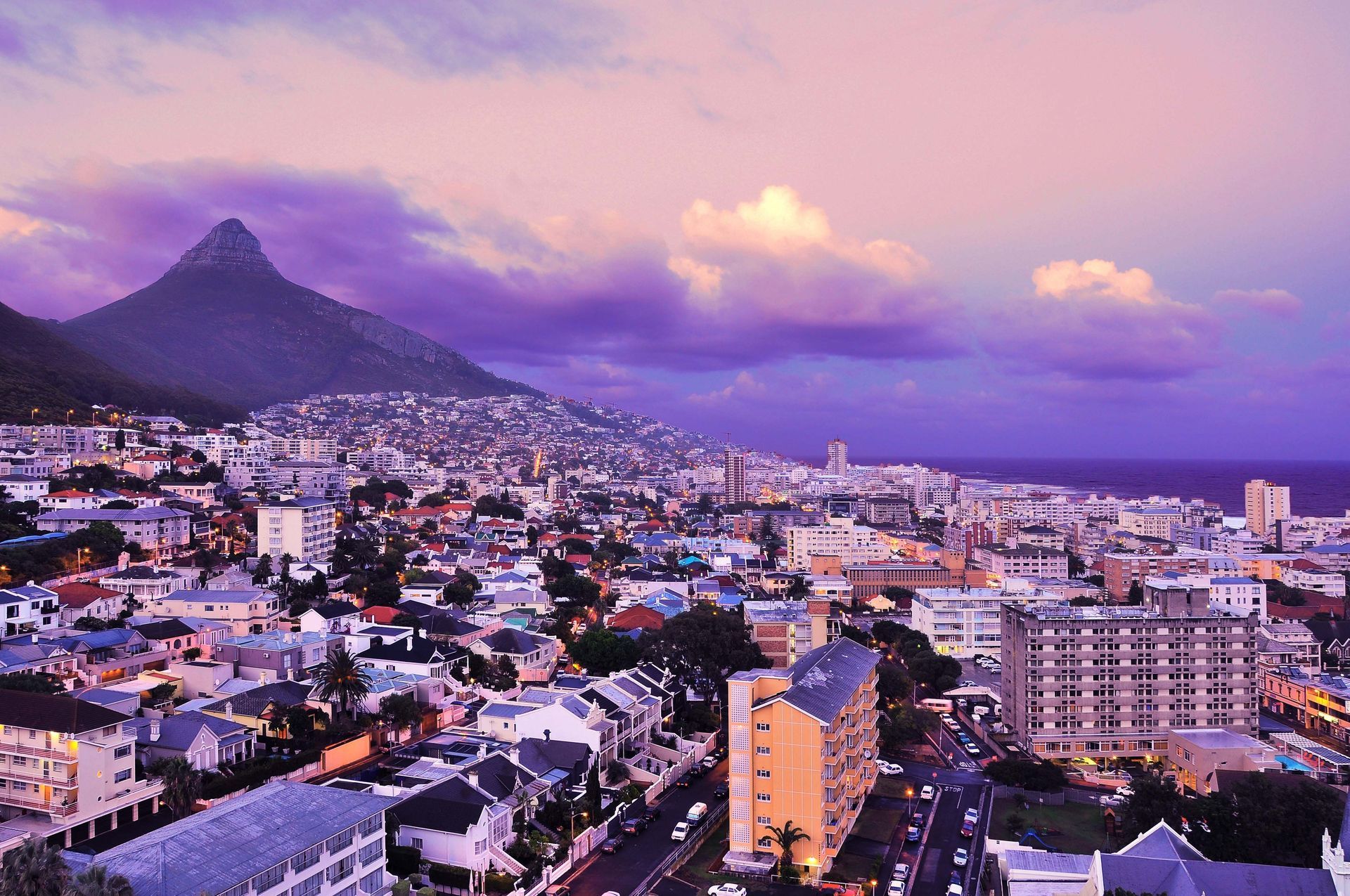 Aerial view of Cape Town cityscape at dawn.