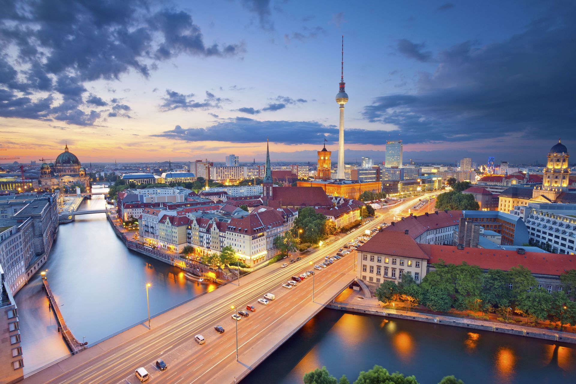 Aerial dusk view of Berlin, Germany.