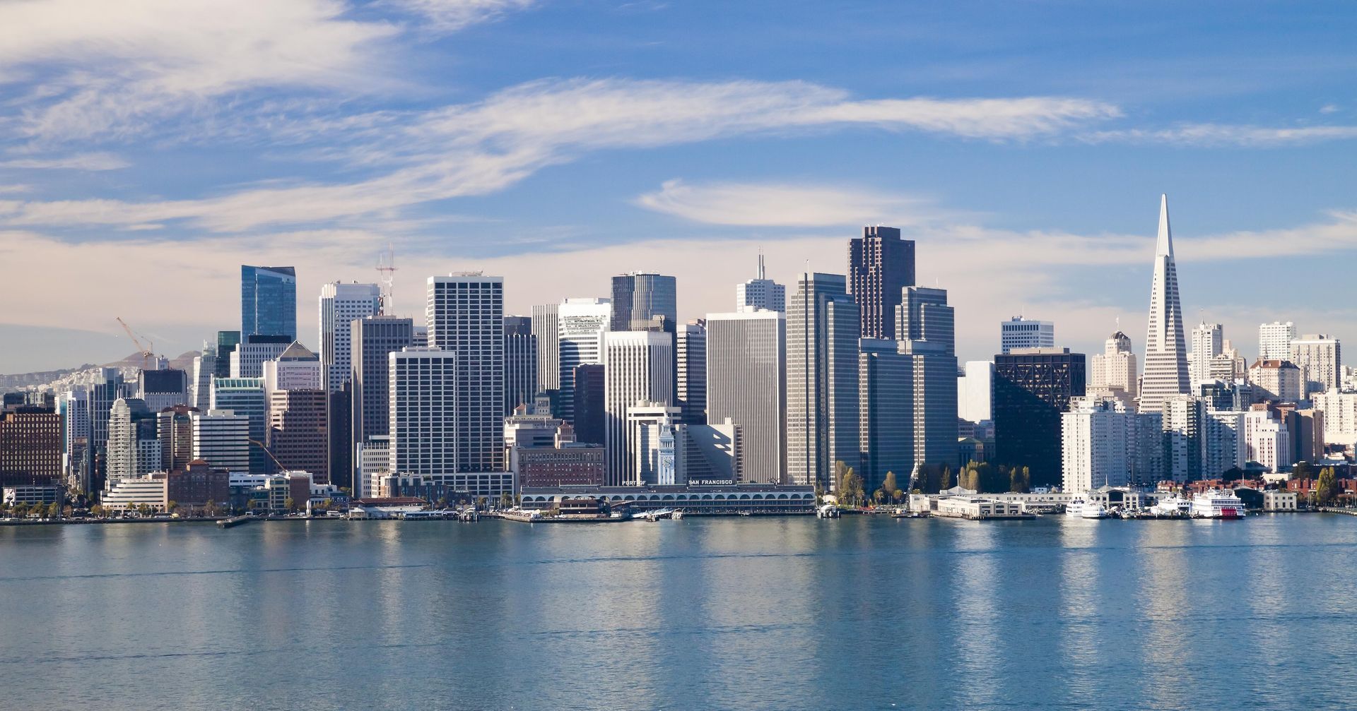 San Francisco Embarcadero view from water in California, United States.
