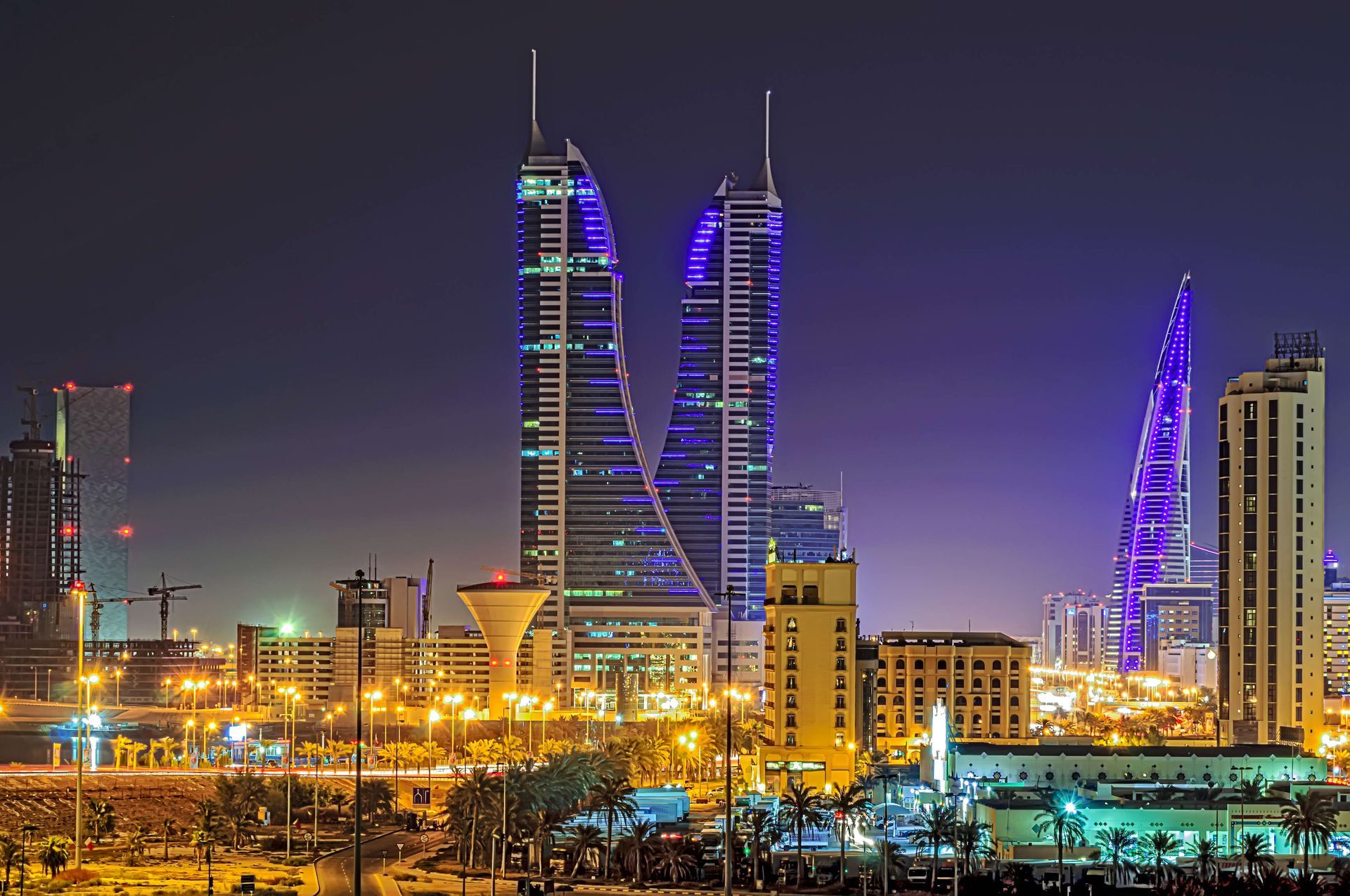 Night view of Bahrain Financial Harbour, a building complex in Manama, Bahrain.
