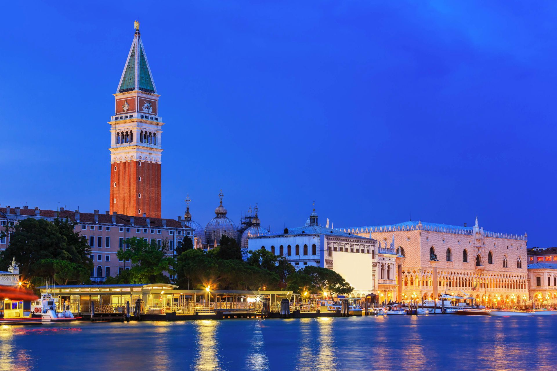 Dusk view of St Mark's Campanile, a tower in Venice, Italy.