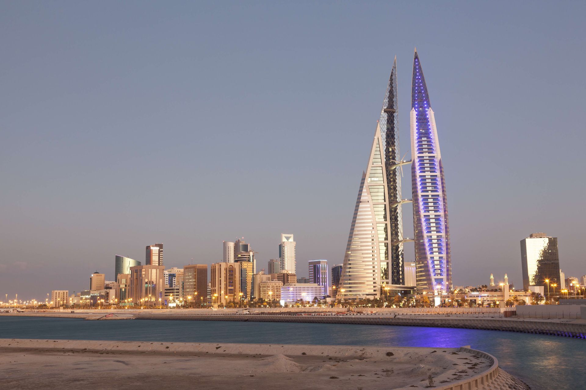 Dusk view of Bahrain World Trade Center, a business centre in Manama, Bahrain.
