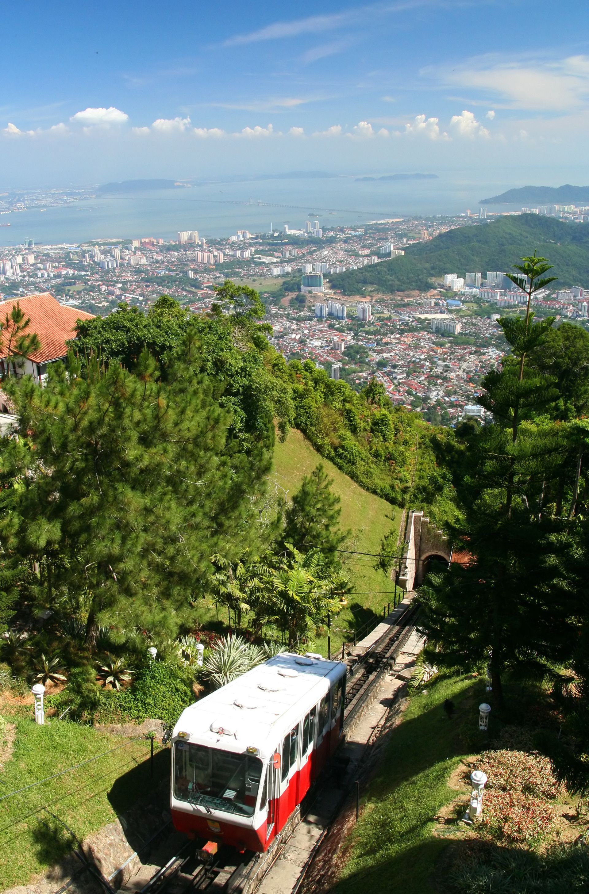 A train passing along the Penang Hill Railway in Malaysia.