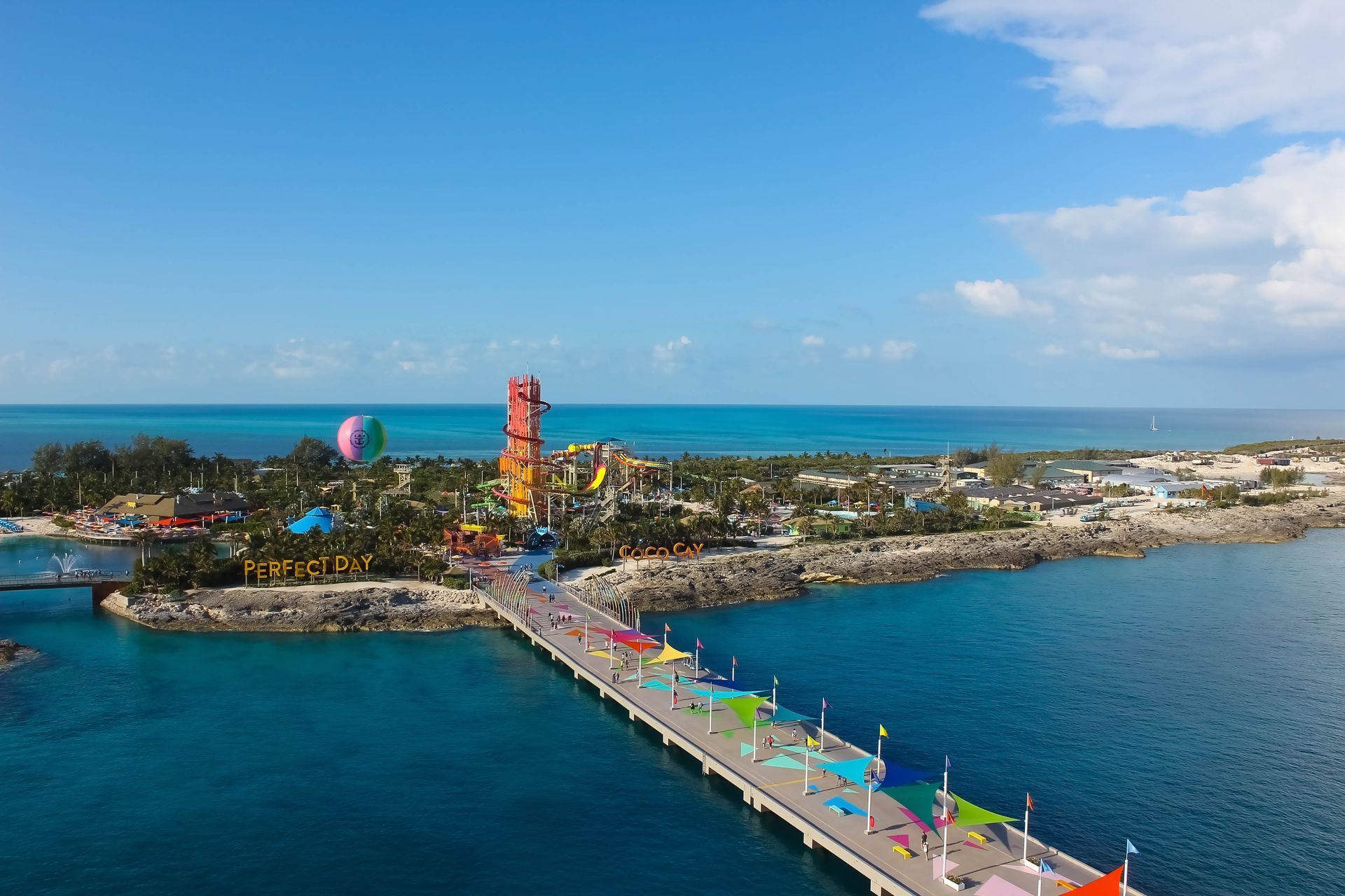 Aerial view of Perfect Day CocoCay - Royal Caribbean International, a water park in the Bahamas.