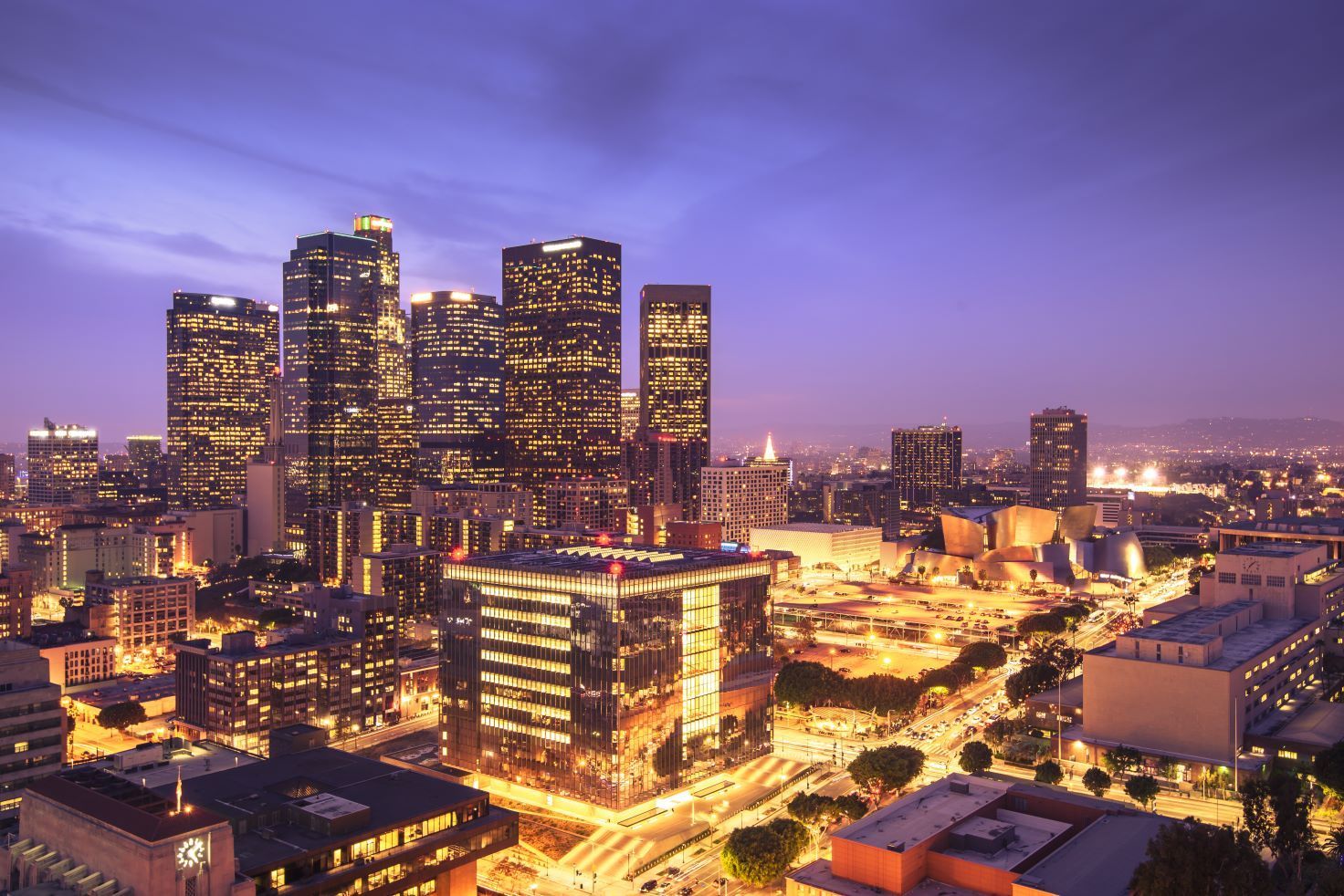 Dusk view of Los Angeles Downtown Skyline.