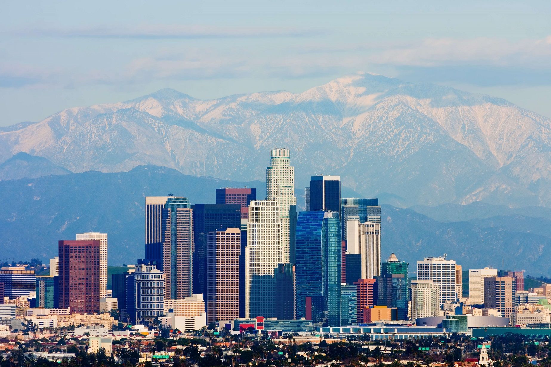Downtown Los Angeles with Mount Baldy in the background.