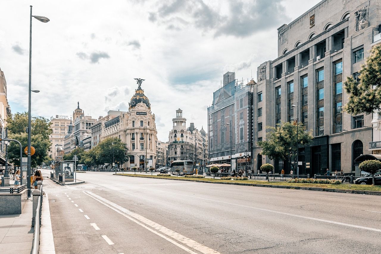 Panoramic view of the Metropolis Building in Madrid, Spain.