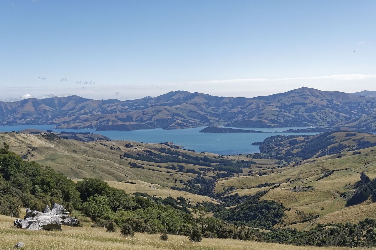 Panoramic view of the Banks Peninsula in Christchurch, New Zealand.