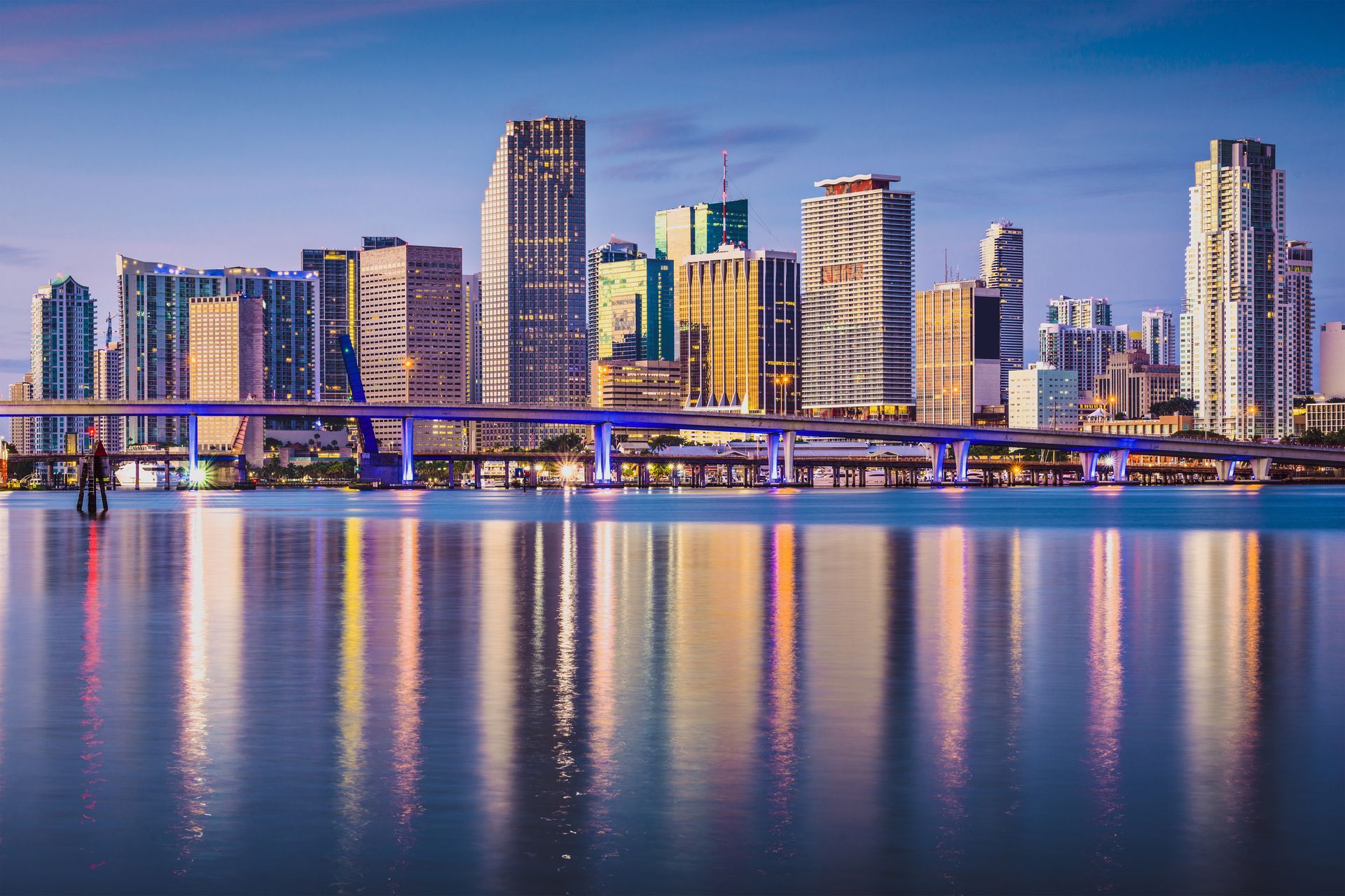 Night view of Miami City Skyline located in Florida, United States.