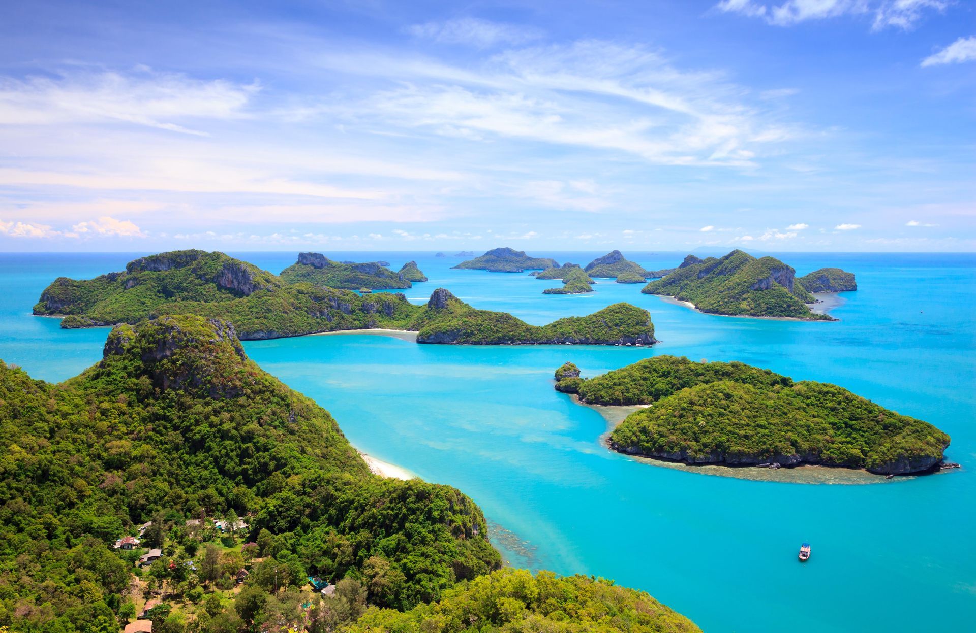 Aerial view of Mu Ko Ang Thong National Marine Park, a national park in Koh Samui, Thailand.