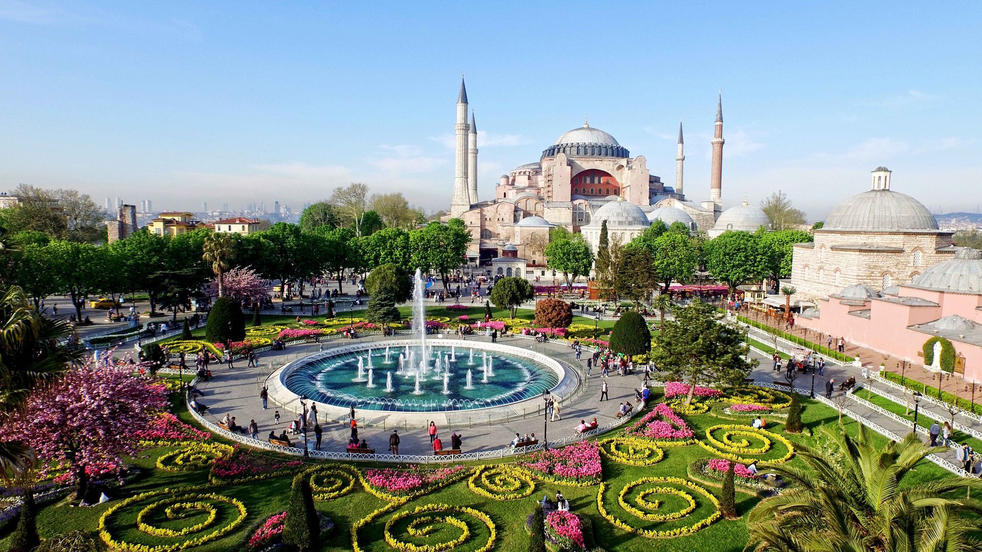 Aerial view of The Blue Mosque in Istanbul, Turkey.
