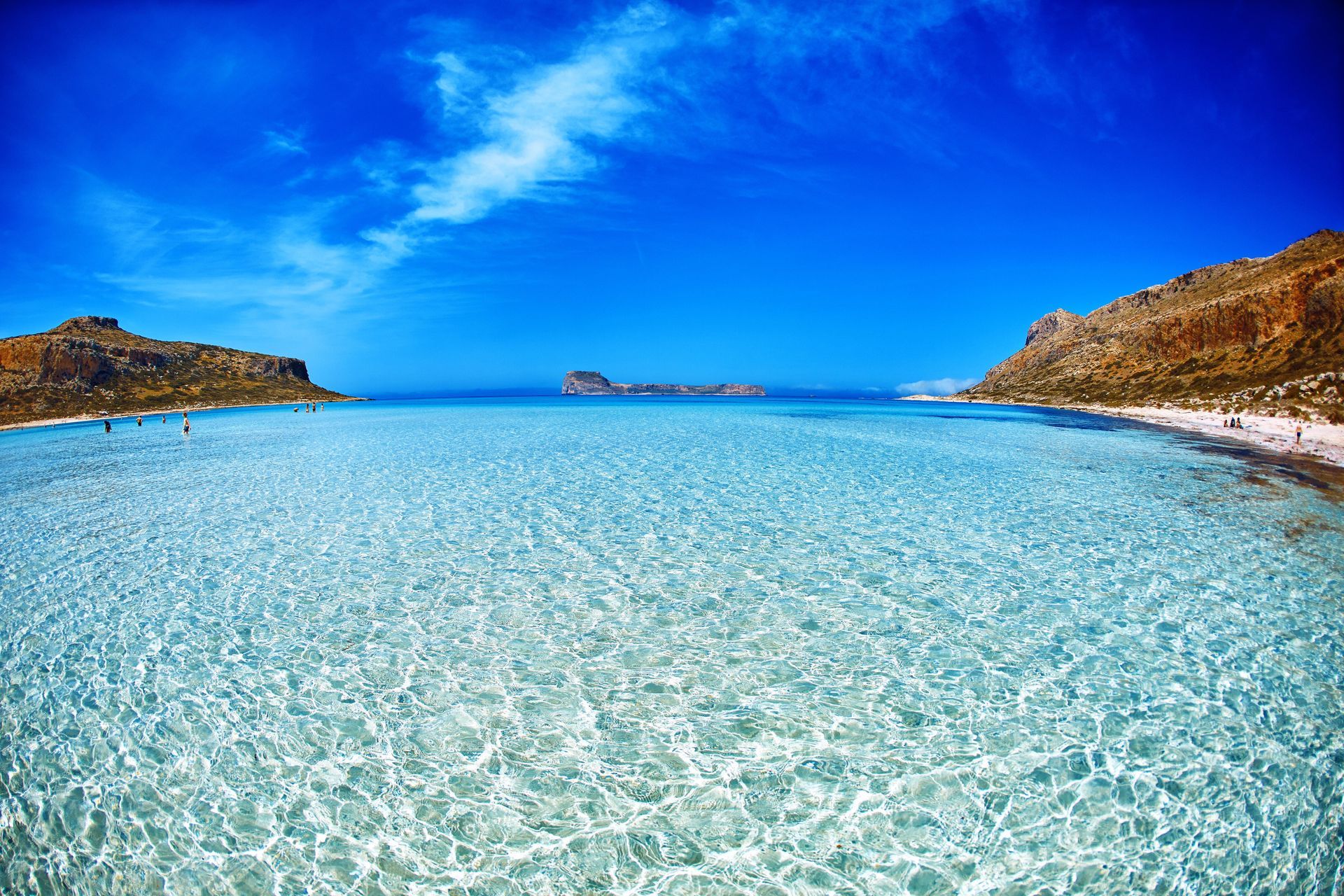 The clear blue water of Balos Beach in Crete, Greece.