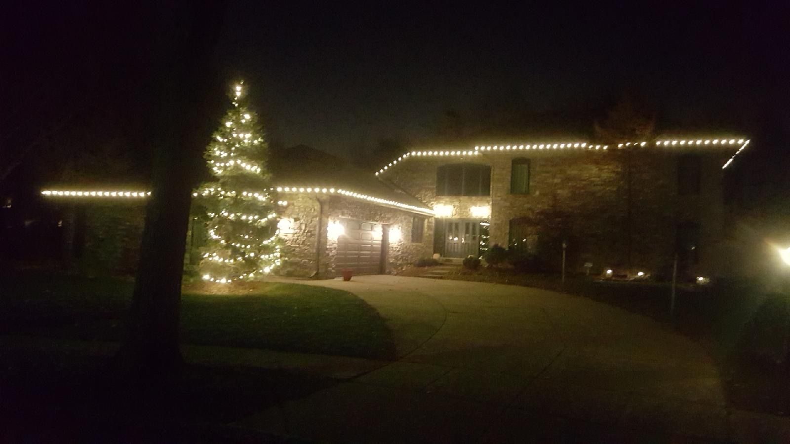 A house with a christmas tree in front of it is lit up at night.