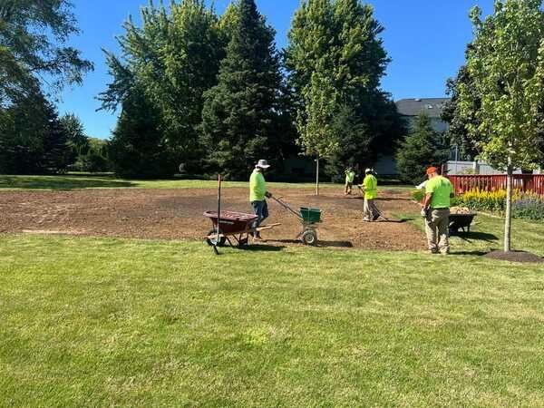 Workers in neon green shirts spread material on a prepared patch of land with lawn in front and trees in the background.