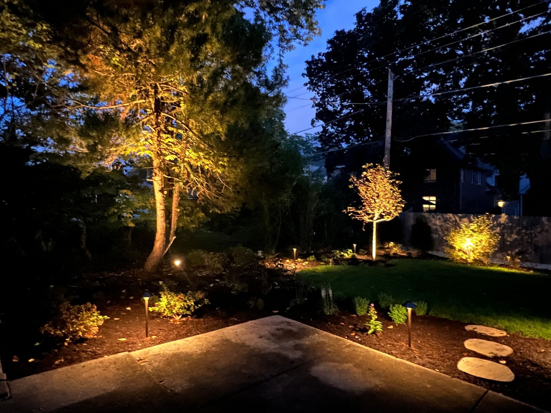 Illuminated backyard at dusk with trees, lawn, and pathway lights.