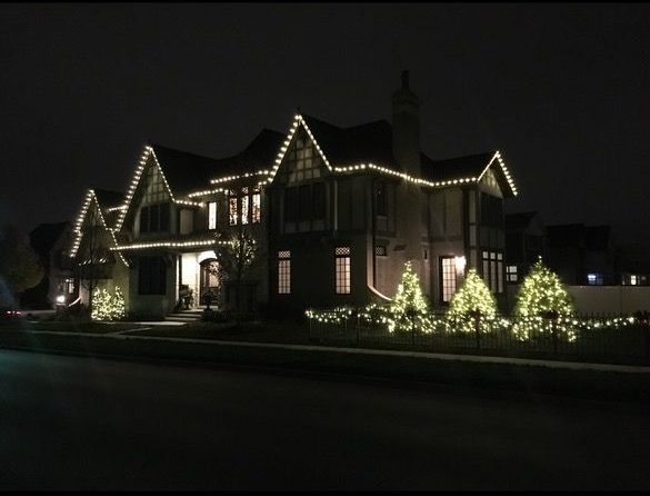 A large house at night decorated with white Christmas lights on the roof, trees, and shrubs.