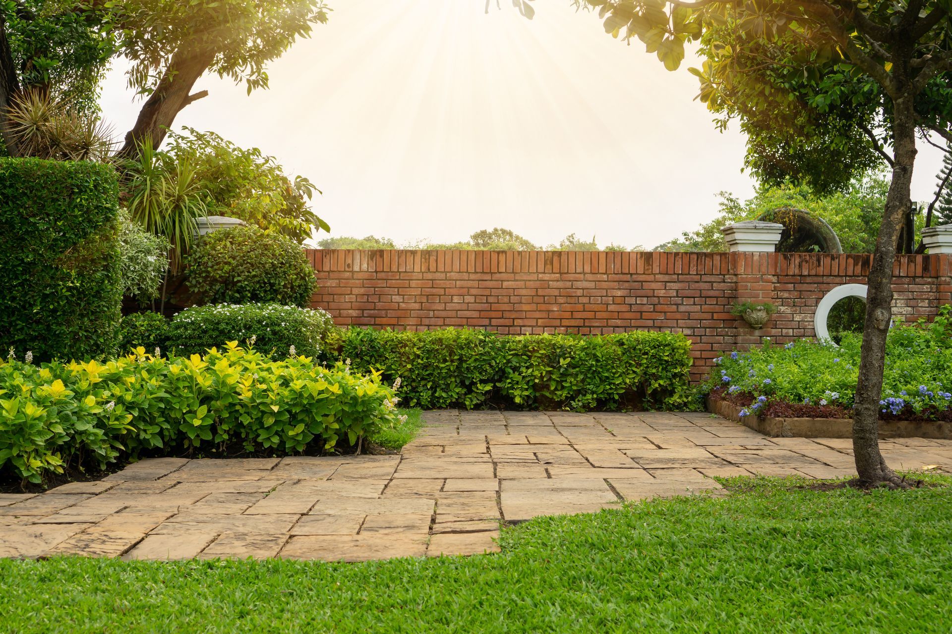 Stone patio and green lawn in a garden, with brick wall and various plants and trees.