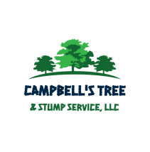 Campbell’s Tree & Stump Service logo with green trees and dark blue text