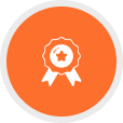 White badge with a star on orange background.