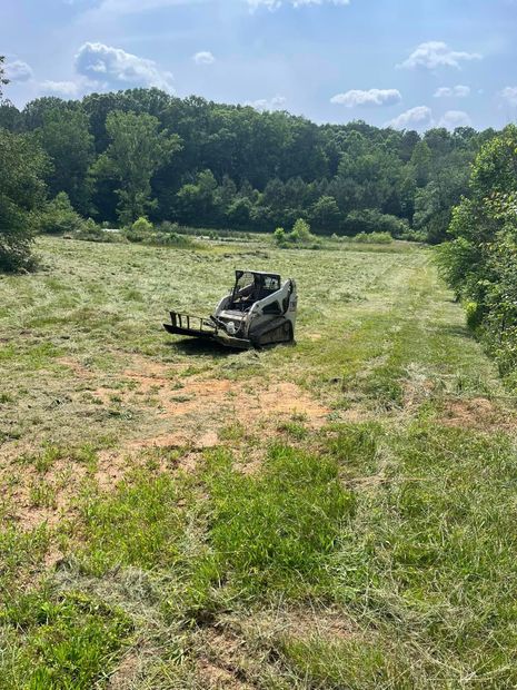 Black off-road vehicle in a grassy field with a tree line and blue sky in the background