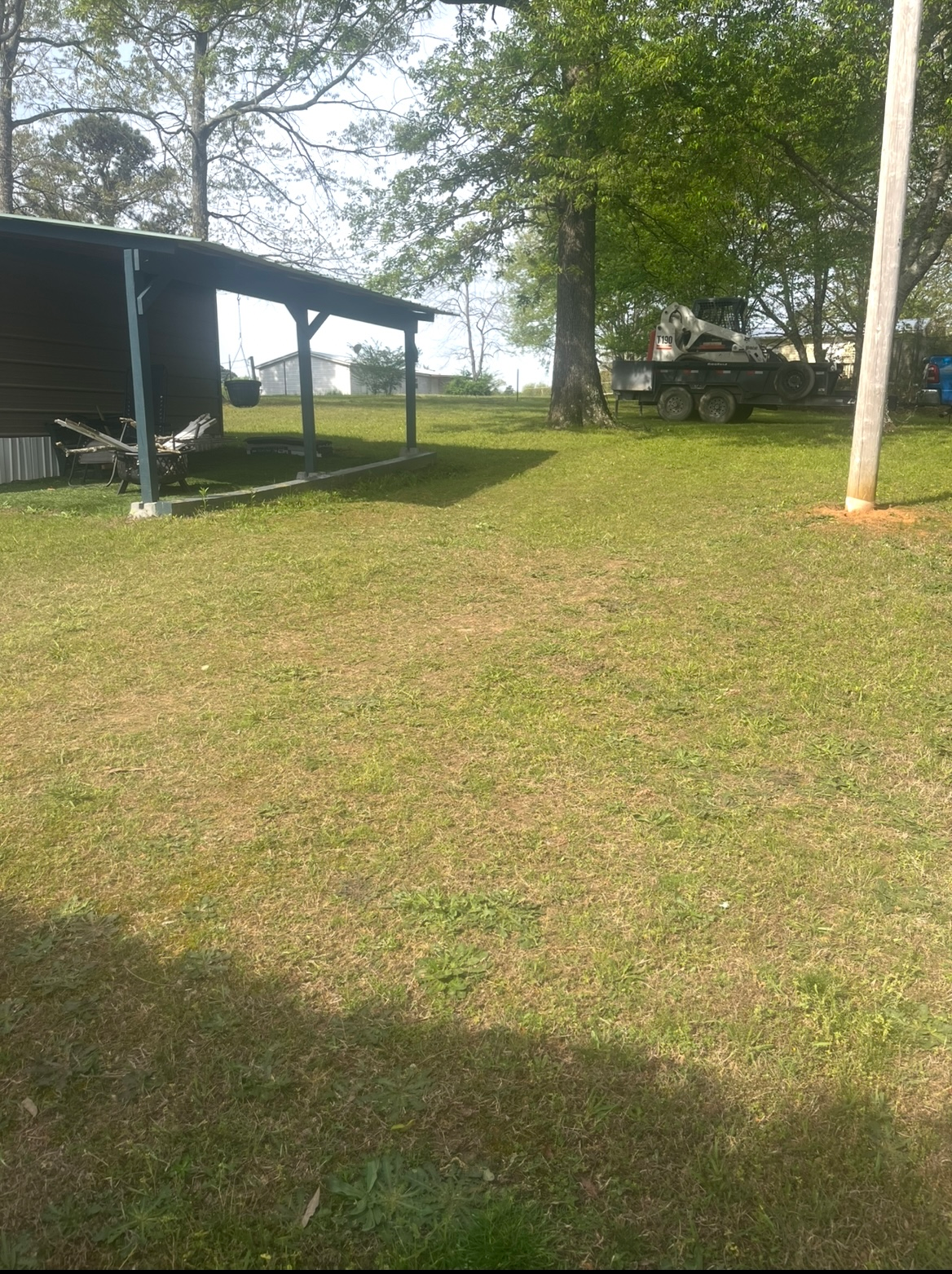 Grassy yard with a shaded shed on the left and a parked vehicle near trees on the right.