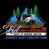 SkidPro LLC logo with off-road buggy, blue mountains, green trees, and &ldquo;Get It Done With&rdquo; and phone number