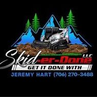 SkidPro LLC logo with off-road buggy, blue mountains, green trees, and &ldquo;Get It Done With&rdquo; and phone number