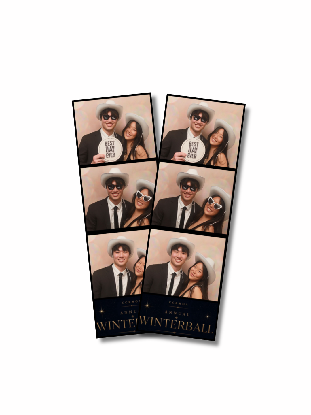 Two photo booth strips with pink background and partygoers posing.