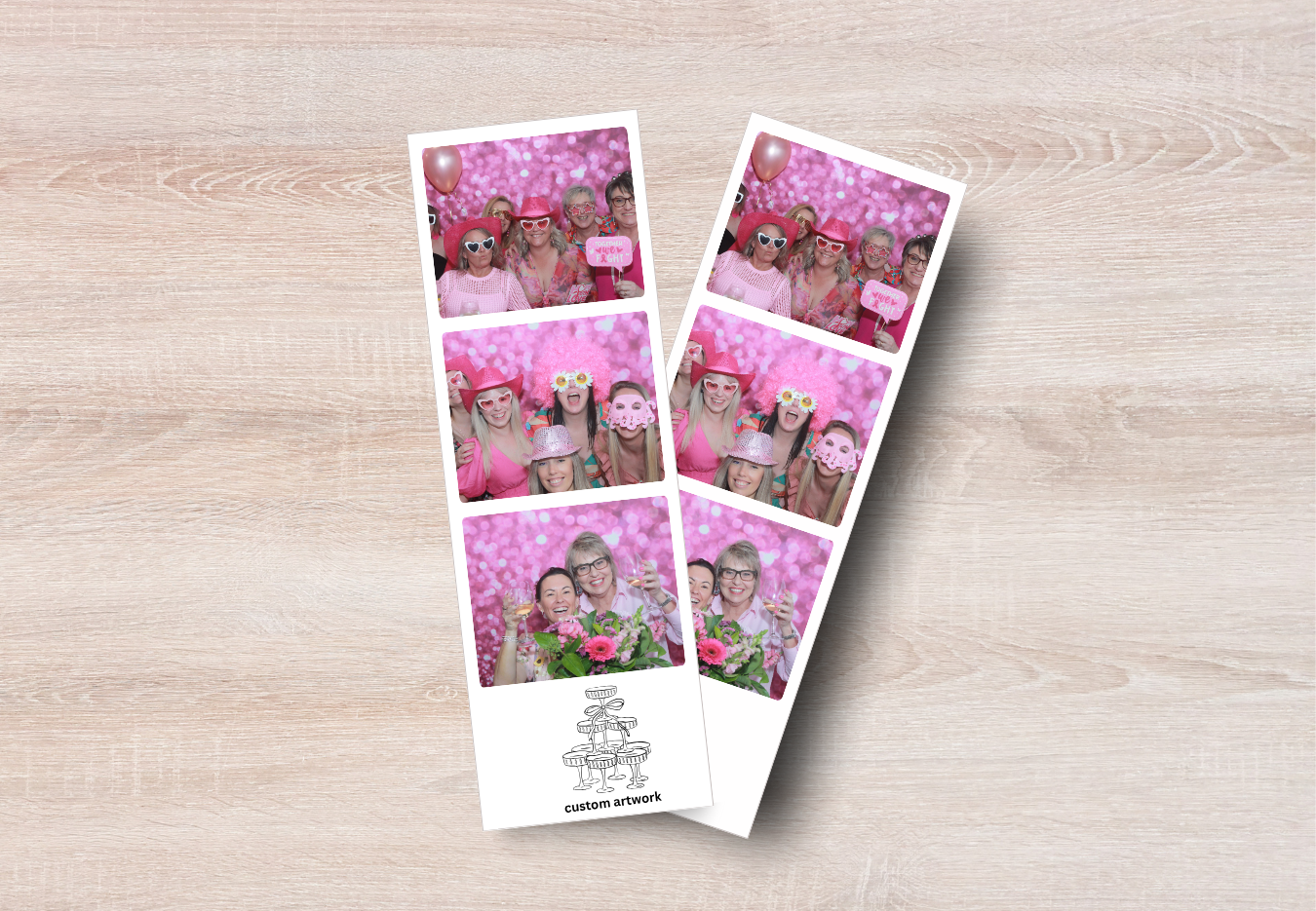 Two photo booth strips with pink background and partygoers posing.