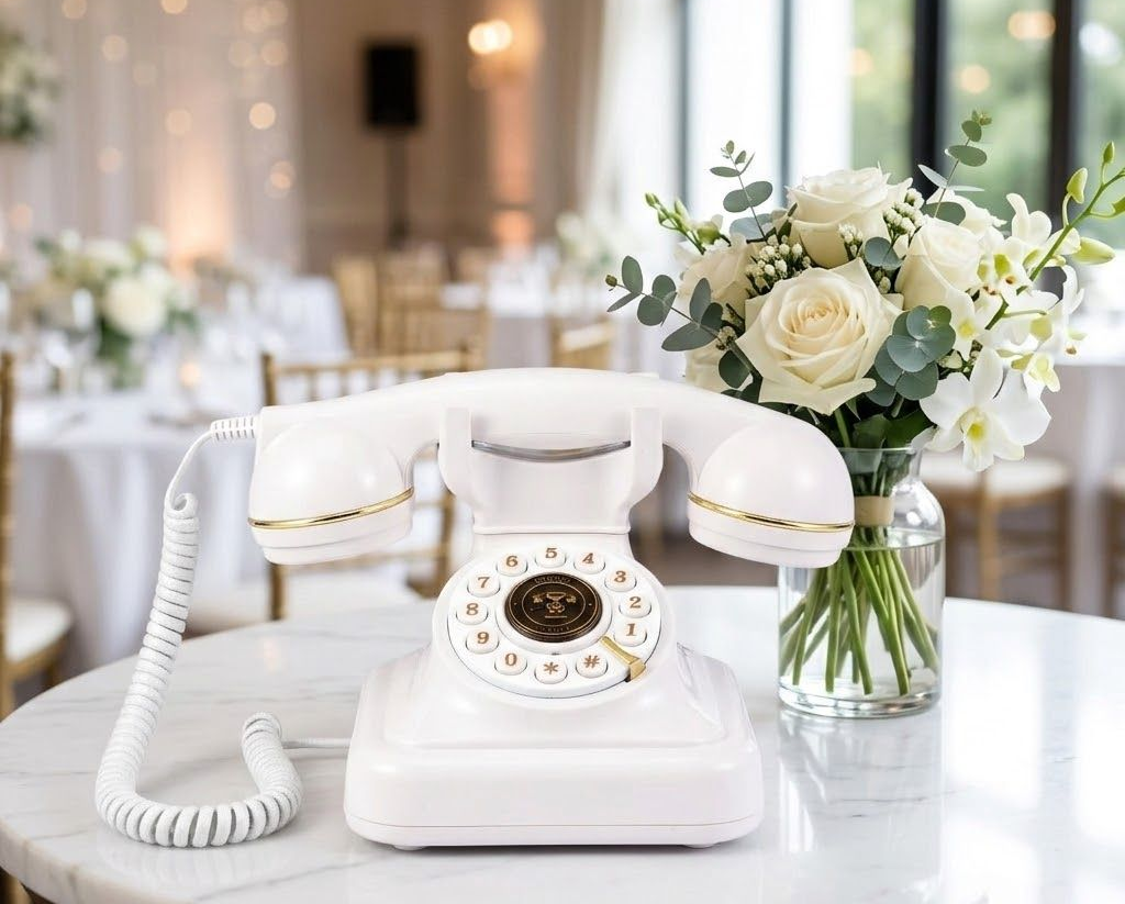 A vintage-style white rotary telephone sits on a marble table next to a vase of white roses in a banquet hall.