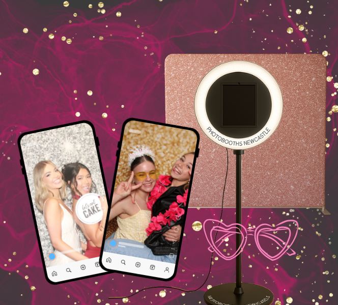 A ring-light photo booth, a rose-gold backdrop, and two smartphones displaying photo booth party photos.