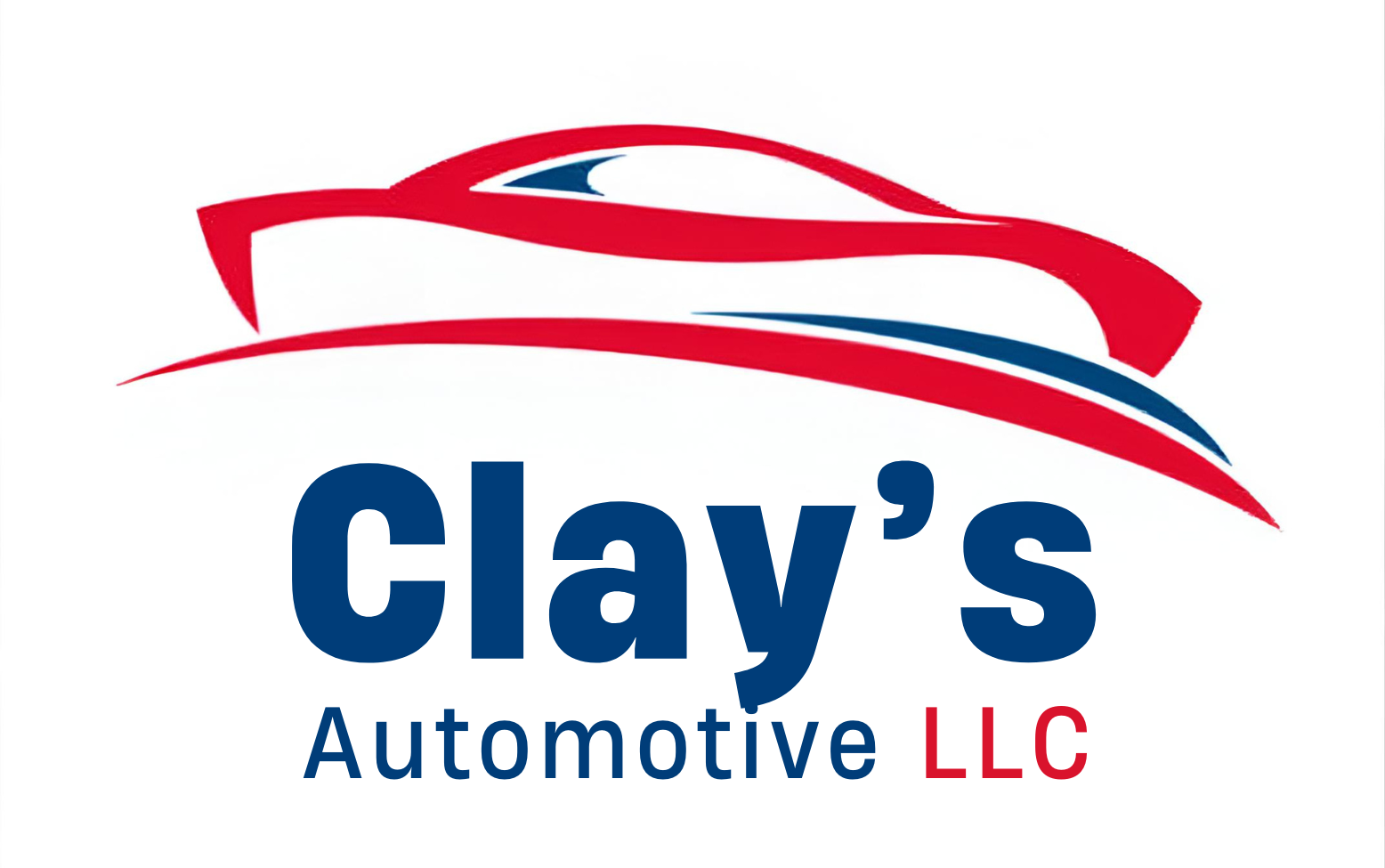 Clay's Automotive LLC logo: Red car silhouette above the business name in blue with red and blue swooshes.