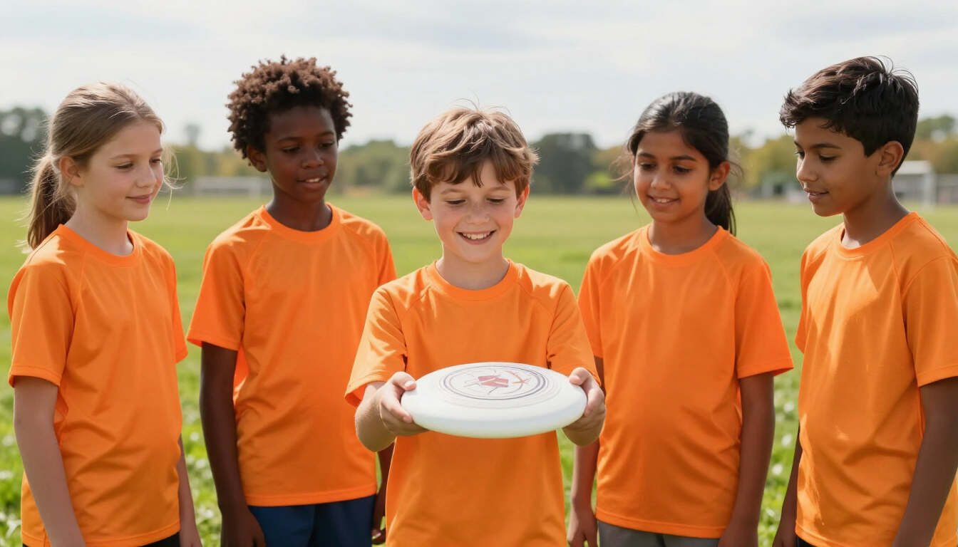 Four children in orange jerseys playing ultimate frisbee in Etobicoke