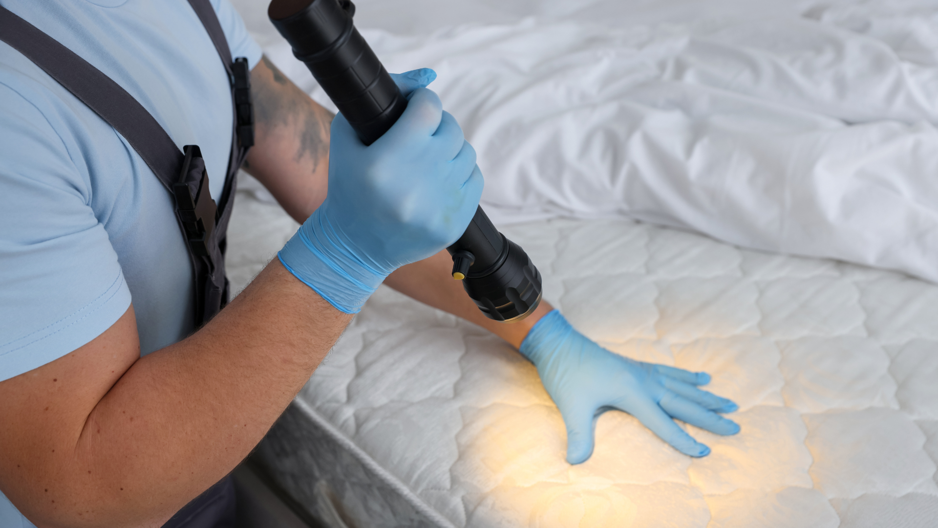 A close-up view of a clean, modern mattress being inspected thoroughly by a pest control professional.