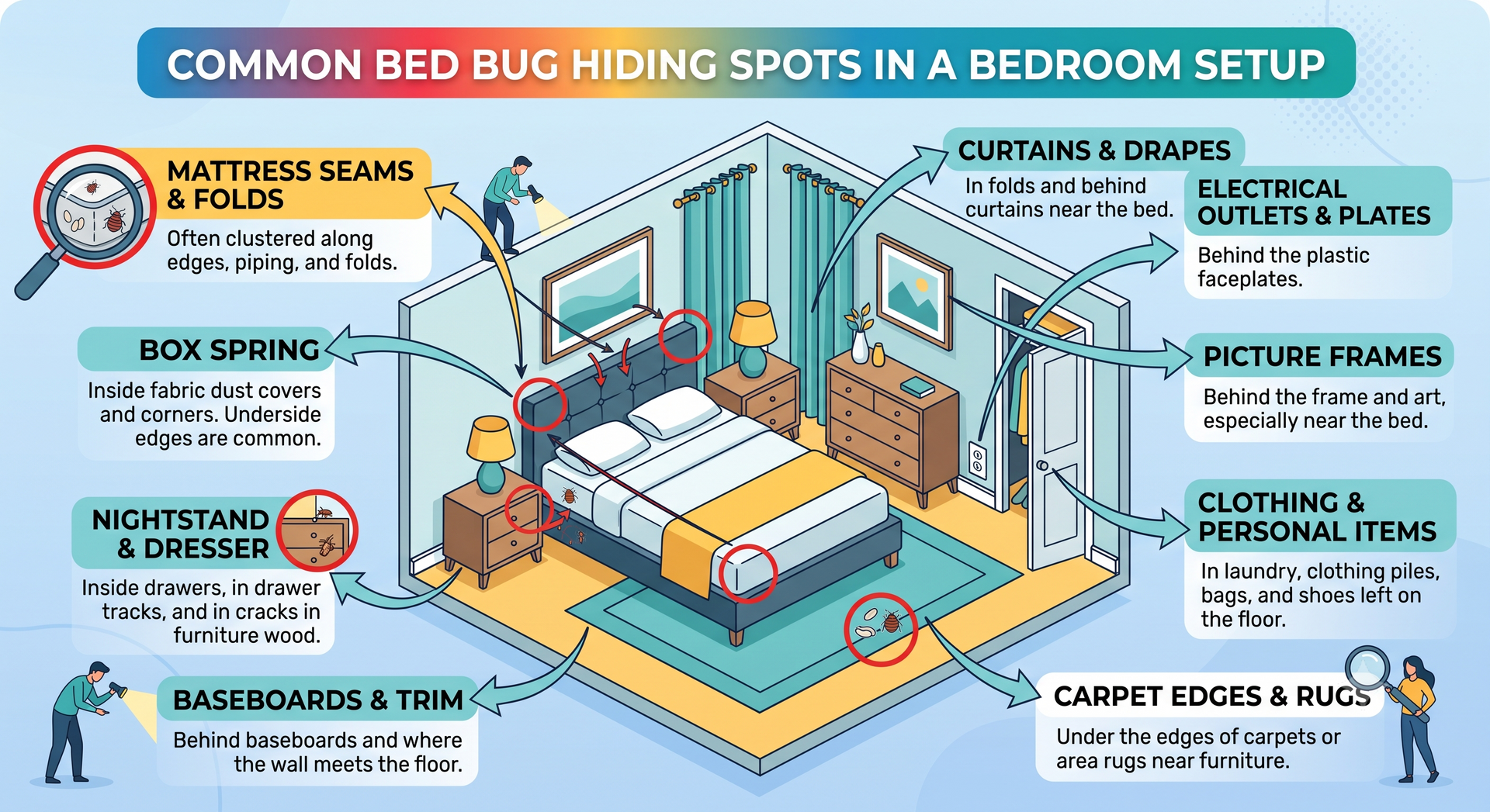 An illustrative diagram highlighting common bed bug hiding spots in a typical bedroom setup.