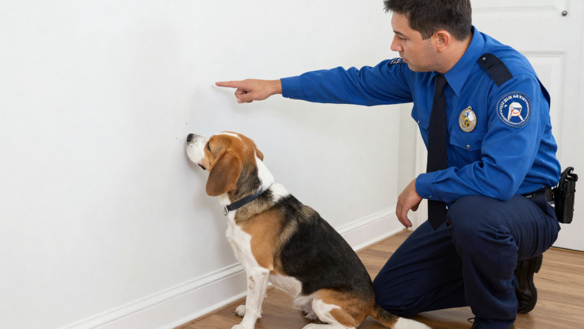 An inspector pointing to a specific spot on a baseboard where a detection dog is sitting to alert an infestation.