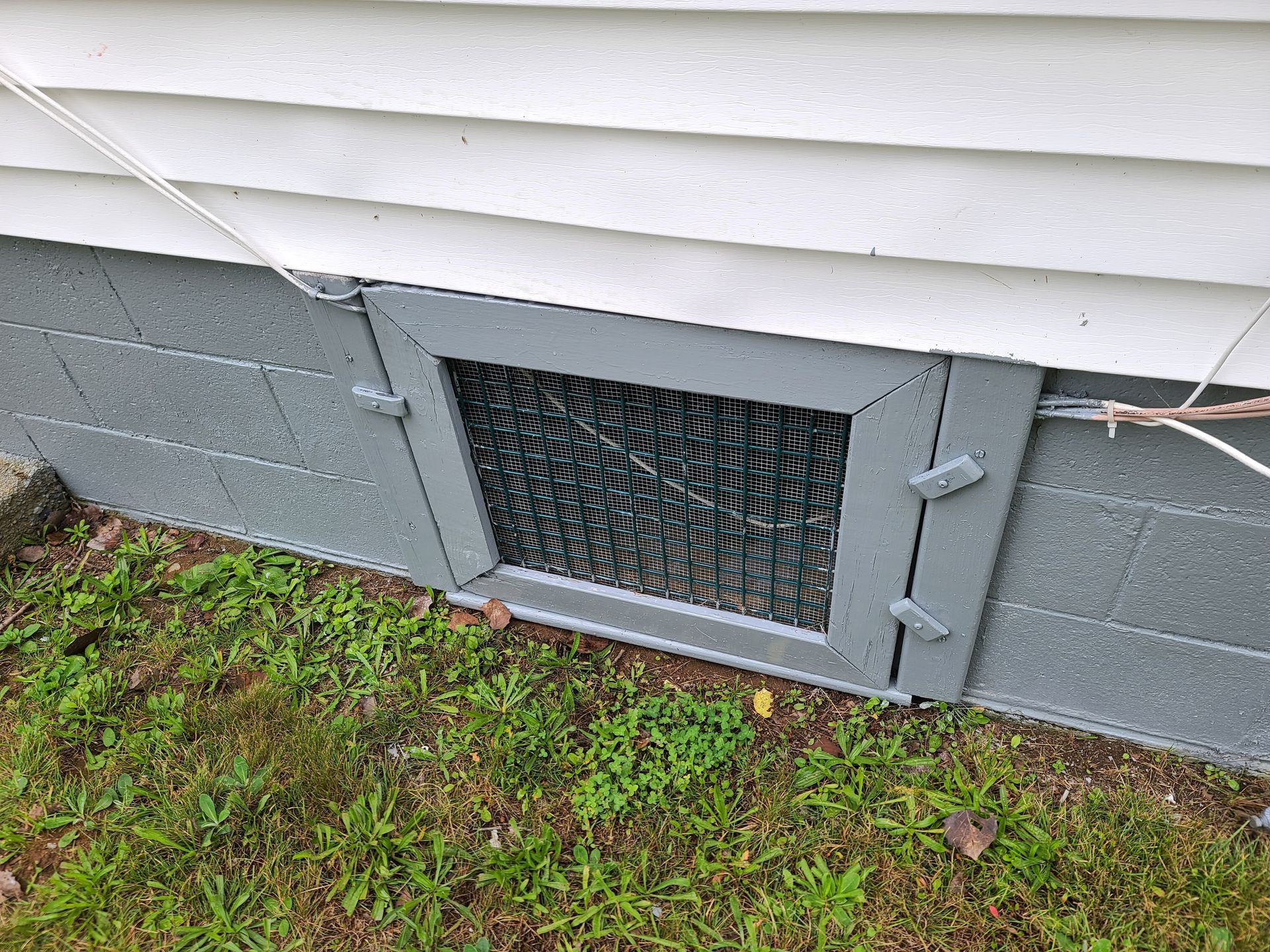 Small basement window with black mesh screen in gray house siding above grass.