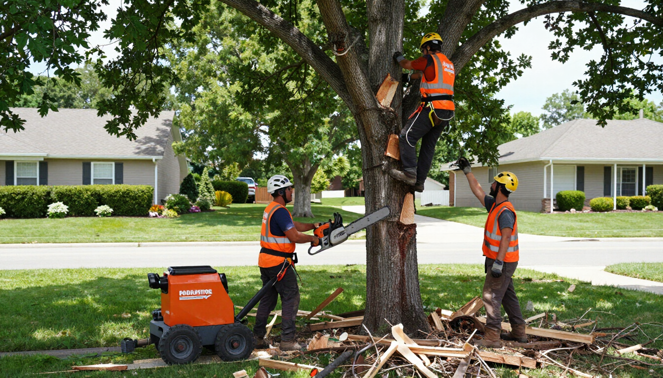 Three utility workers in orange vests trimming a large tree in a suburban yard with a wood chipper nearby