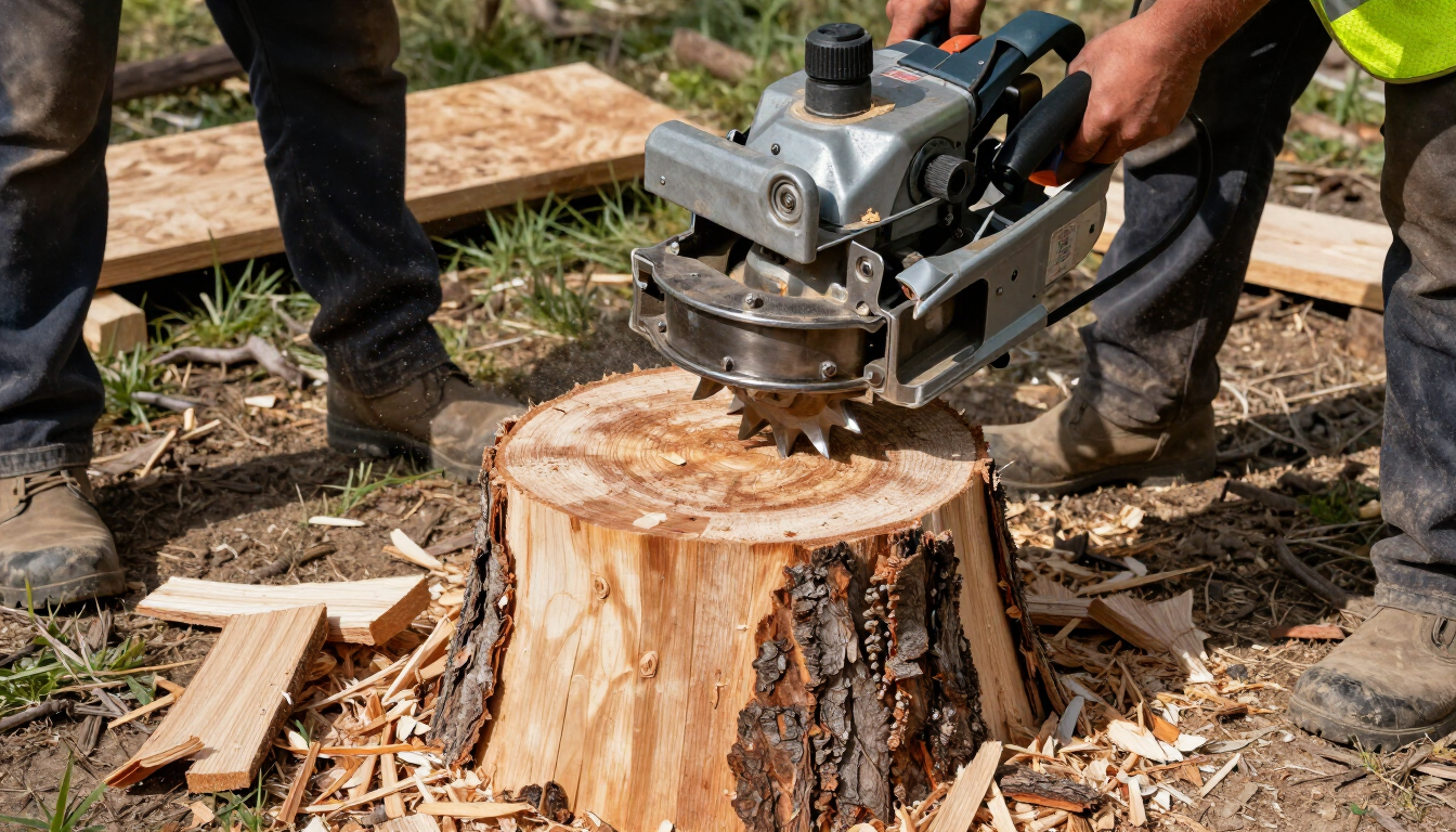 A chainsaw mill cuts a tree stump outdoors, with wood chips scattered around.
