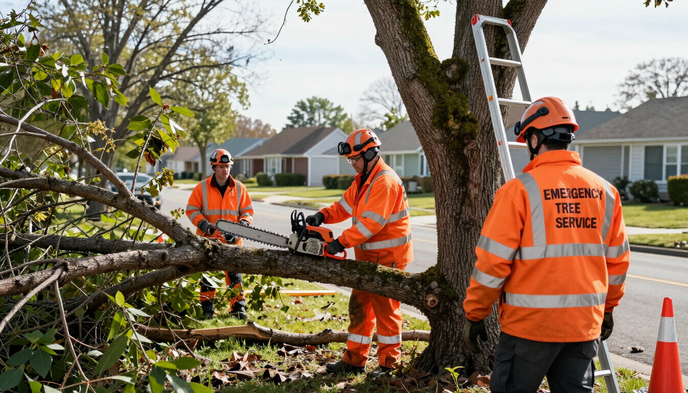 Utility workers in orange safety gear clearing a fallen tree from a suburban street
