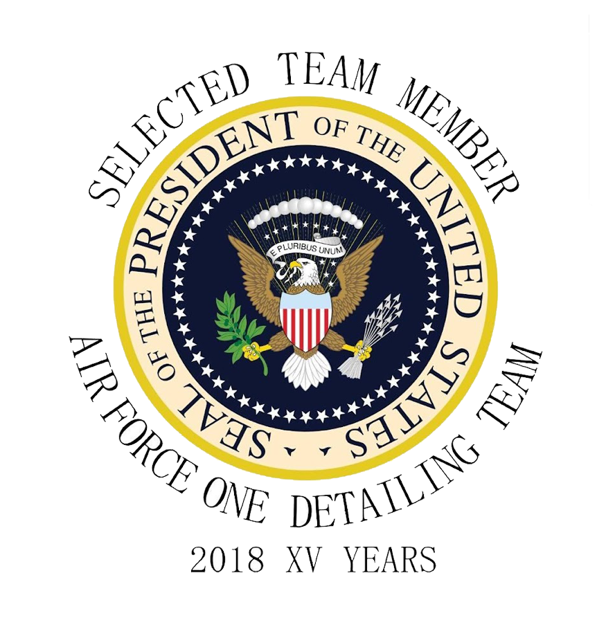 A circular logo for the 2018 Air Force One Detailing Team featuring the Presidential Seal and text marking 15 years.