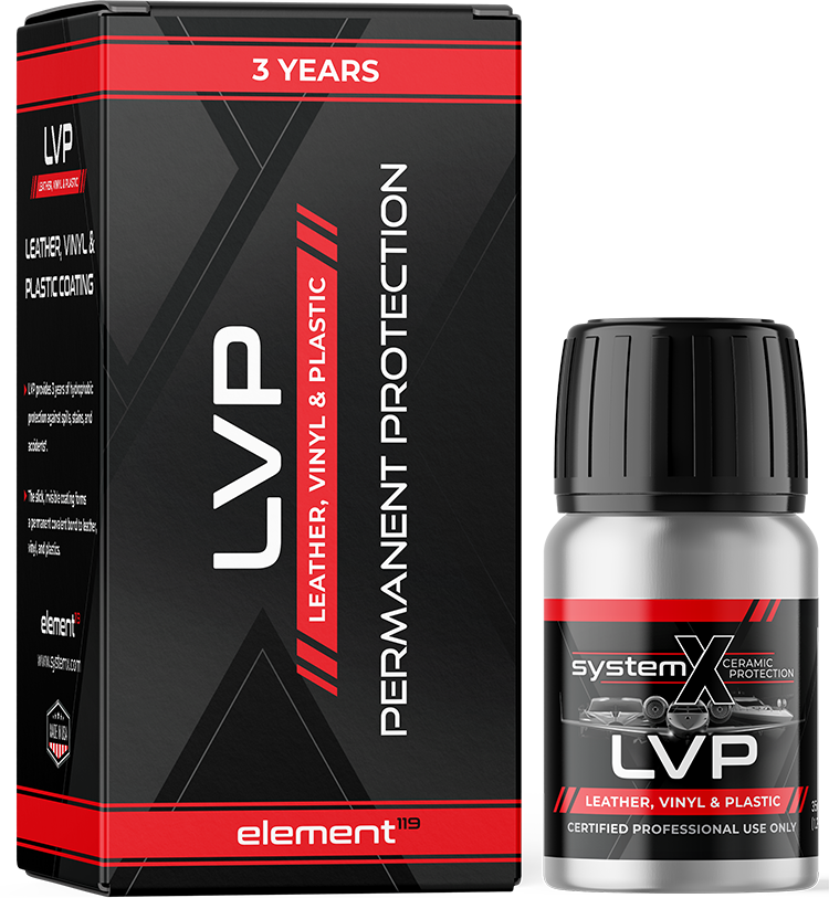Black and red LVP leather, vinyl & plastic permanent protection spray bottle and box