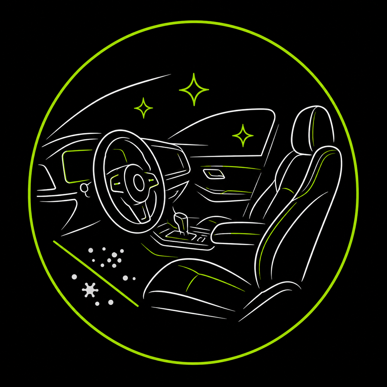 Stylized neon line art of a car interior, with steering wheel, seats, dashboard, and sparkles on a black background